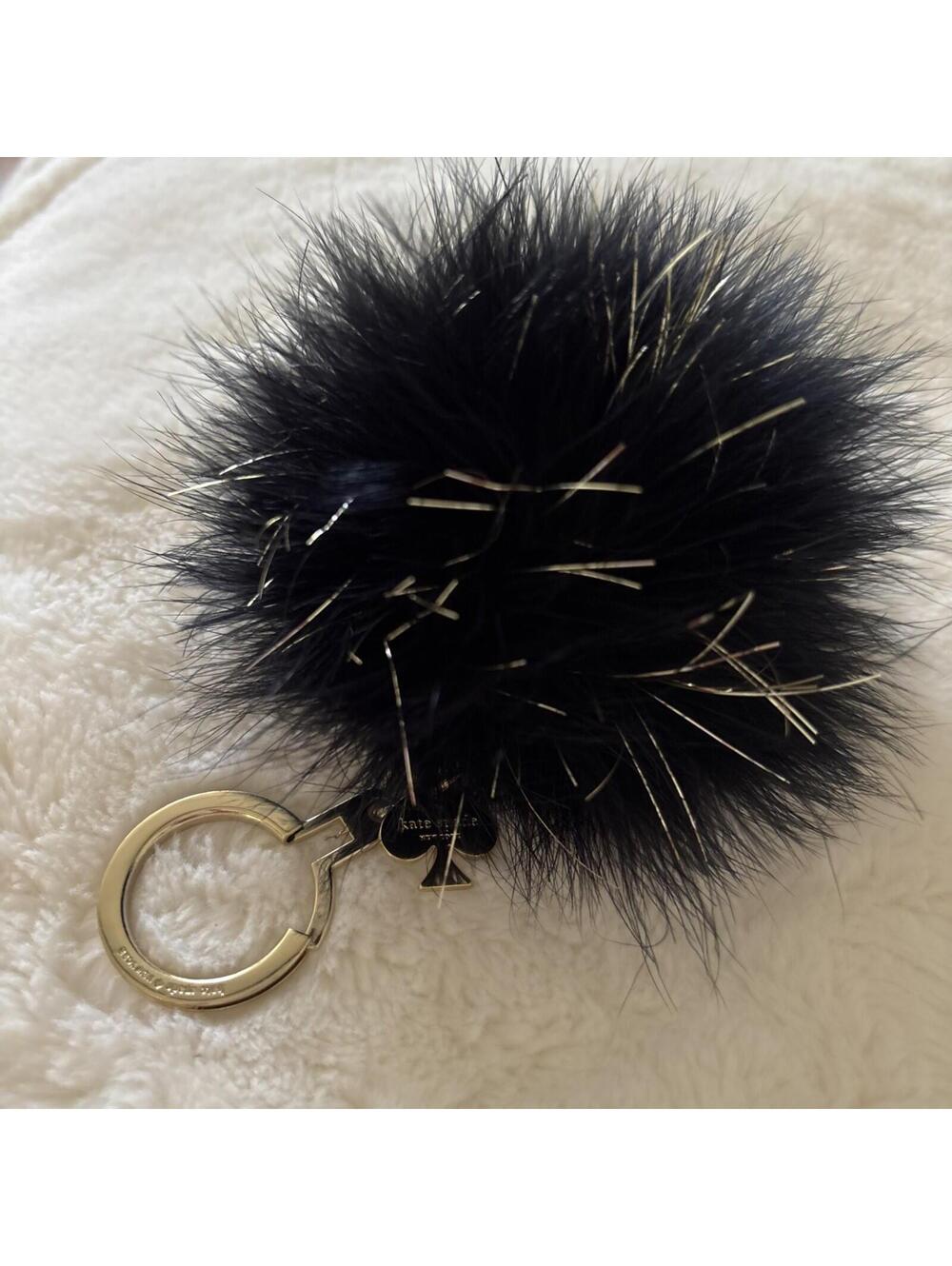 Kate Spade New York Cat Pouf Faux Fur Keychain Bag Charm Black Gold Cu